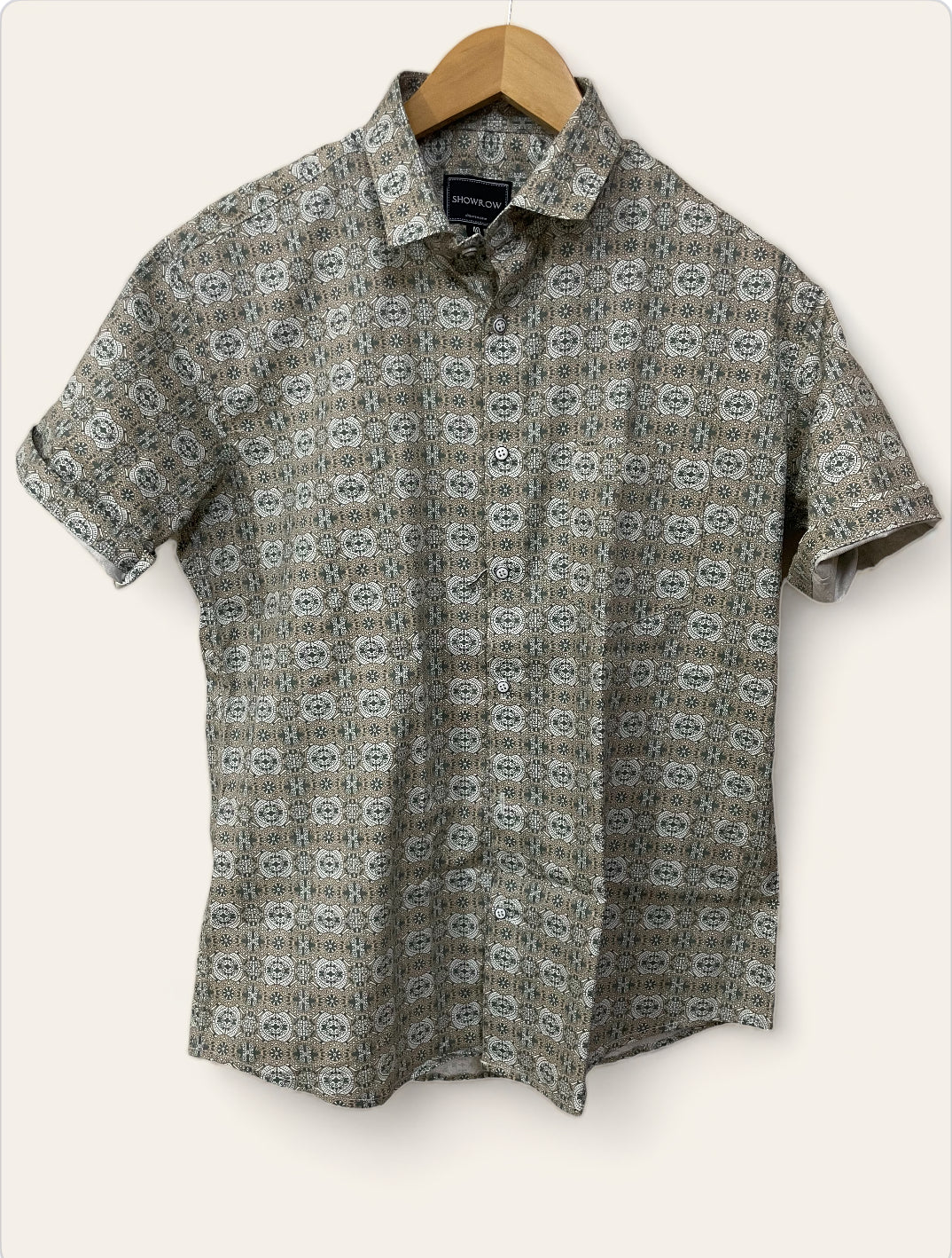 Beige Printed Half Sleeves Stretchable Cotton Shirt