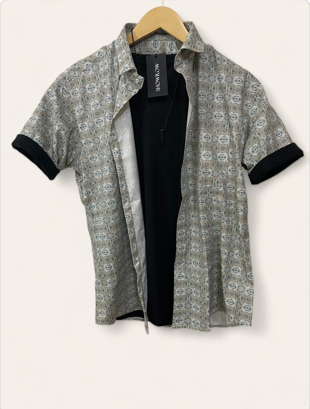 Beige Printed Half Sleeves Stretchable Cotton Shirt