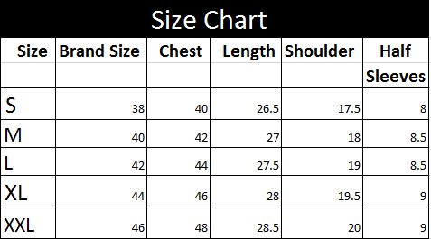 Men’s casual shirt size chart showing chest, length, shoulder, and half sleeves measurements from size S to XXL by SHOWROW
