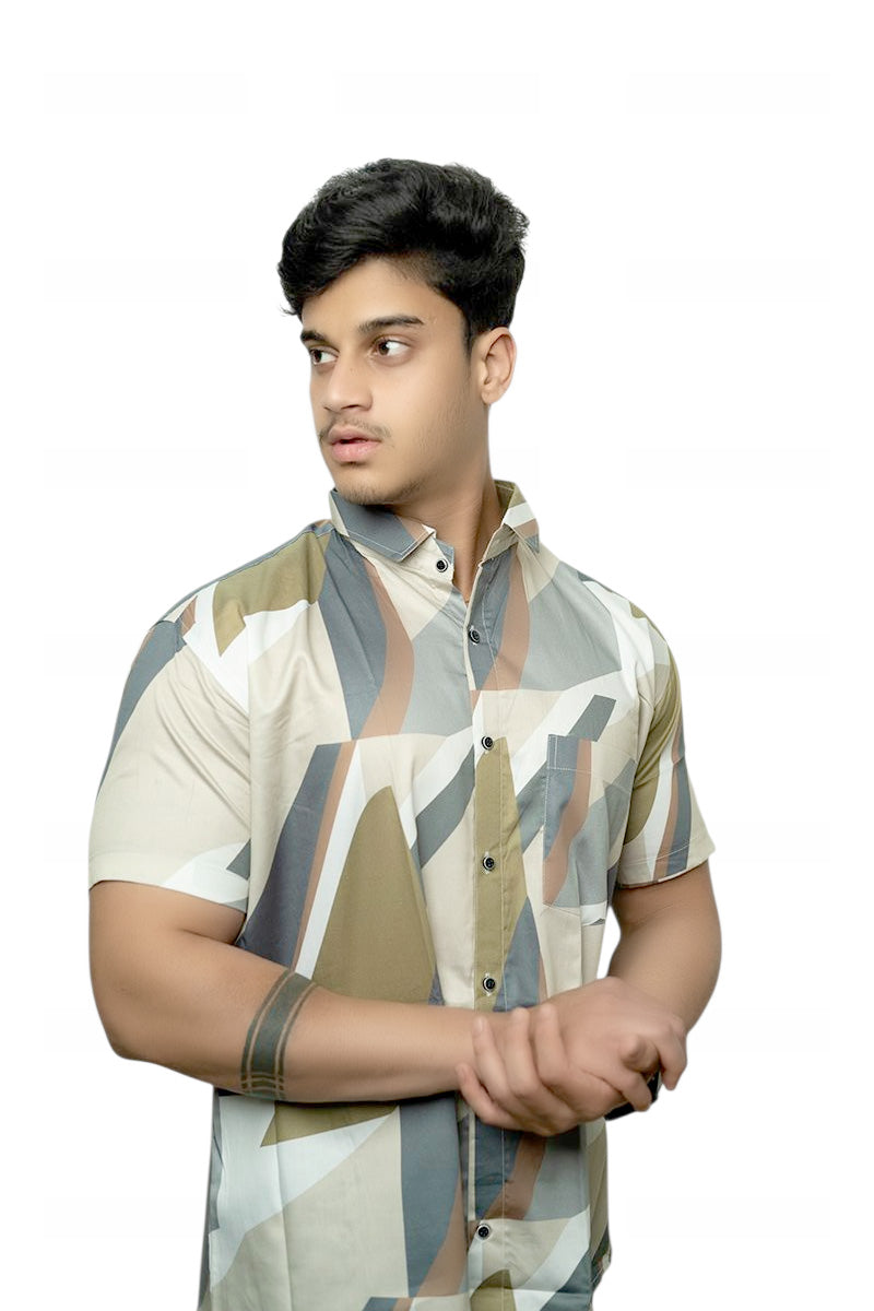 Abstract Brown Printed Half Sleeves Cotton Shirt