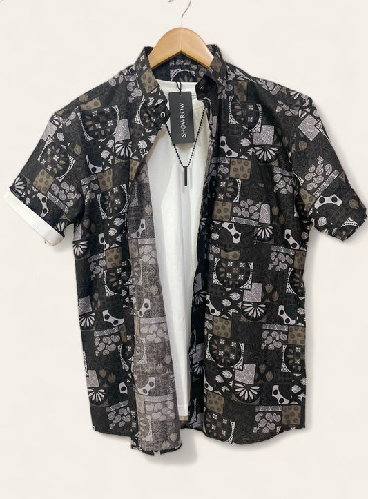 Charcoal Black Printed Half Sleeves Cotton Shirt