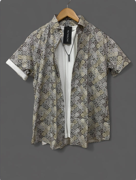 Creamy Gray Printed Half Sleeves Cotton Shirt