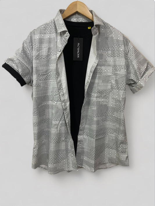 Gray Stretchable Printed Half Sleeves Cotton Shirt