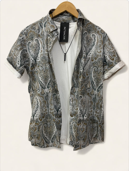 Paisley Pattern Brown Printed Half Sleeves Cotton Shirt