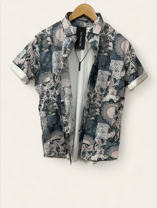 Gray Forest Printed Half Sleeves Cotton Shirt