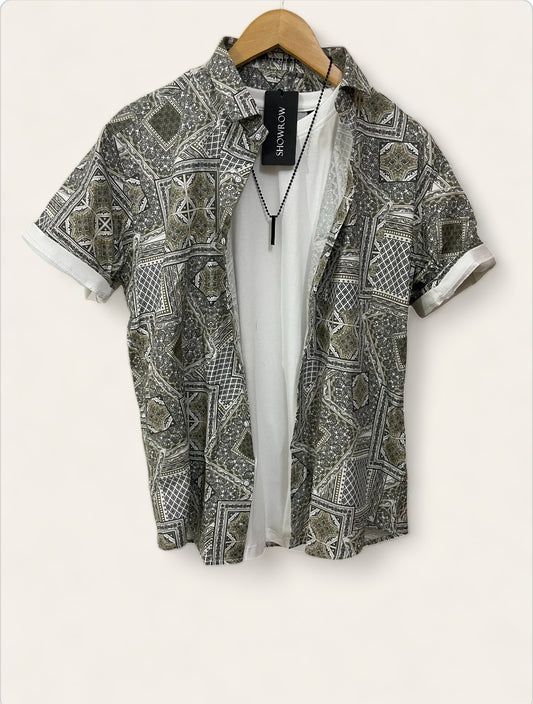Brown Paisley Pattern Printed Half Sleeves Cotton Shirt