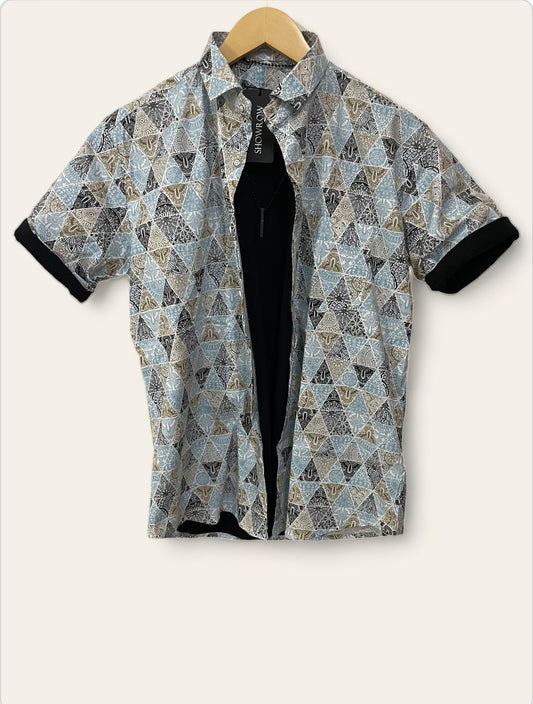 Sky Blue Printed Half Sleeves Stretchable Cotton Shirt
