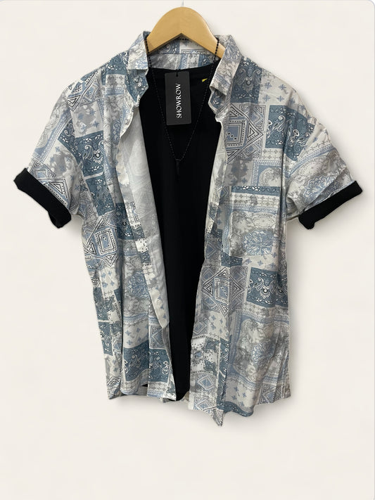 Sky Blue Printed Half Sleeves Lycra Cotton Shirt