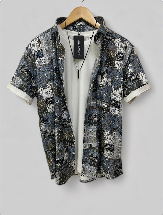 Navy Blue Printed Half Sleeves Cotton Shirt