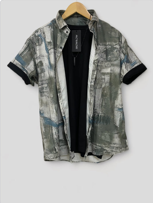 Shark Gray And White Patch- Printed Half Sleeves Stretchable Cotton Shirt
