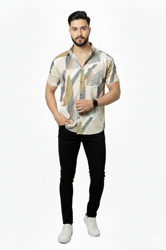 Abstract Brown Printed Half Sleeves Cotton Shirt