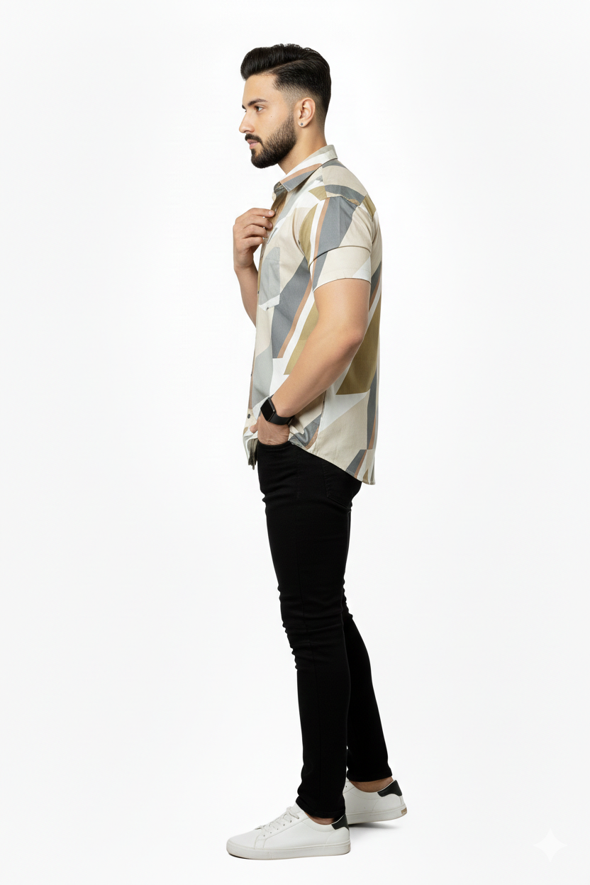 Abstract Brown Printed Half Sleeves Cotton Shirt