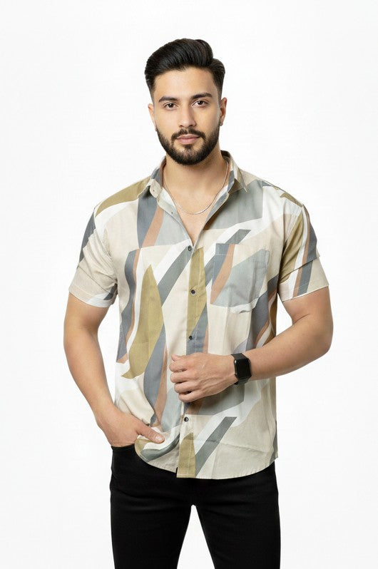 Abstract Brown Printed Half Sleeves Cotton Shirt
