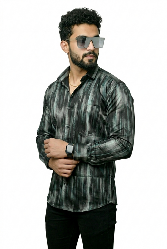 Black Structured Printed Full Shirt