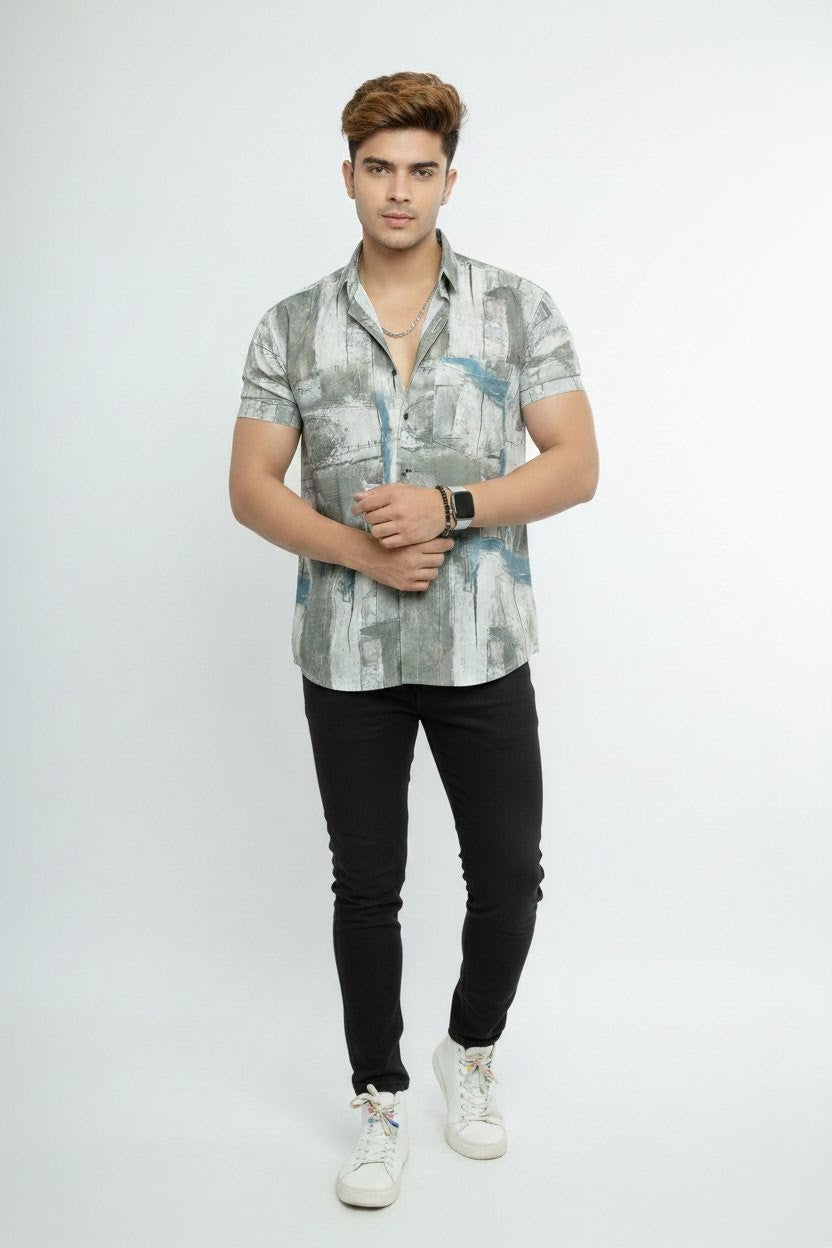 Shark Gray And White Patch- Printed Half Sleeves Stretchable Cotton Shirt