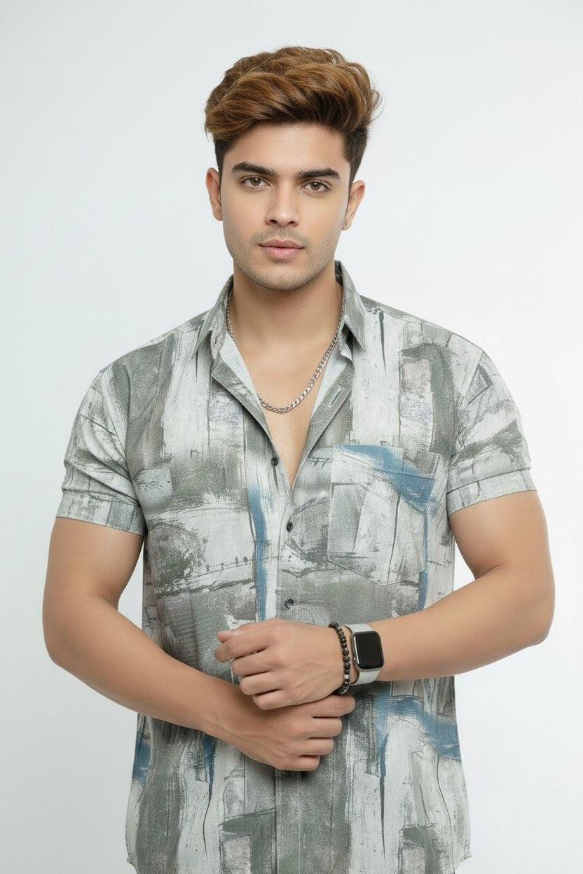 Shark Gray And White Patch- Printed Half Sleeves Stretchable Cotton Shirt