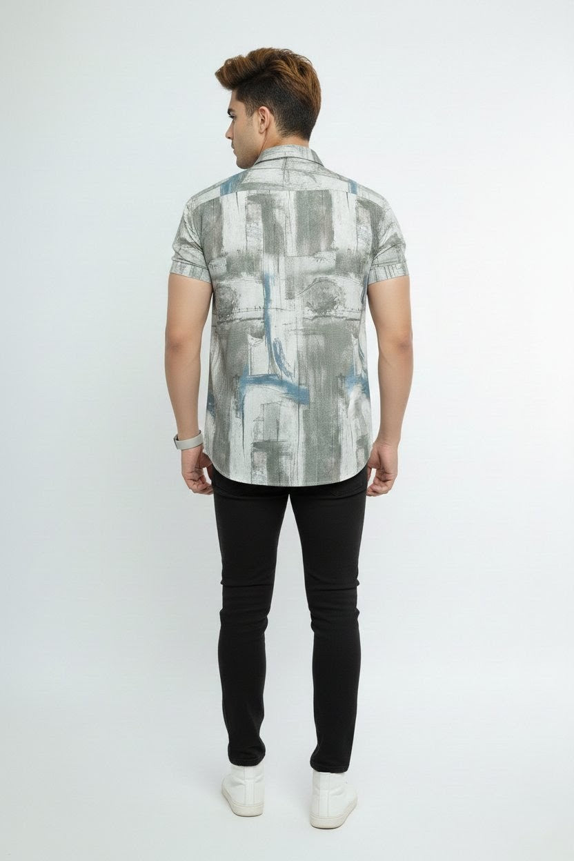 Shark Gray And White Patch- Printed Half Sleeves Stretchable Cotton Shirt