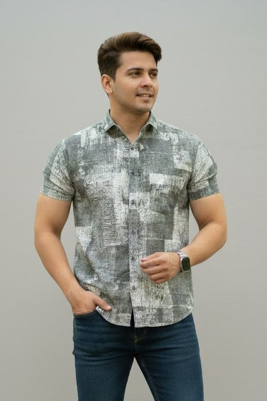 Stamped Illusion  Half Sleeves Shirt