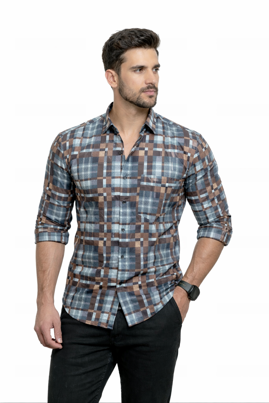 Charcoal Brown Checks Full Sleeves Shirt