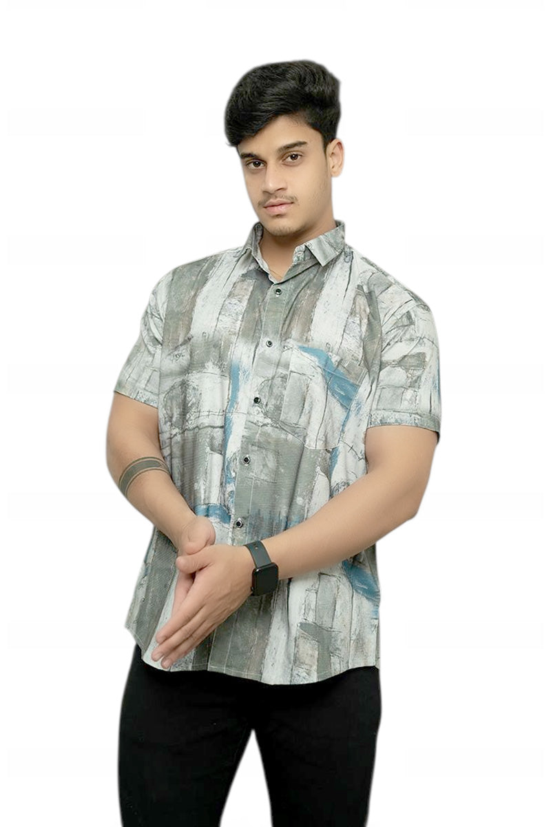 Shark Gray And White Patch- Printed Half Sleeves Stretchable Cotton Shirt