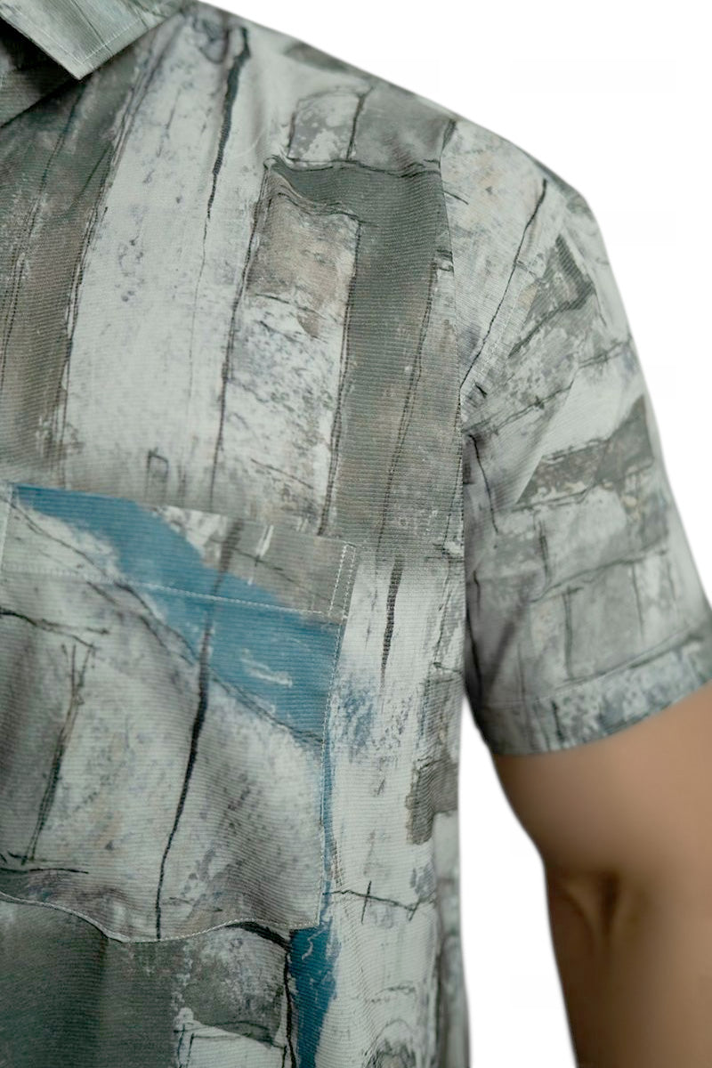 Shark Gray And White Patch- Printed Half Sleeves Stretchable Cotton Shirt