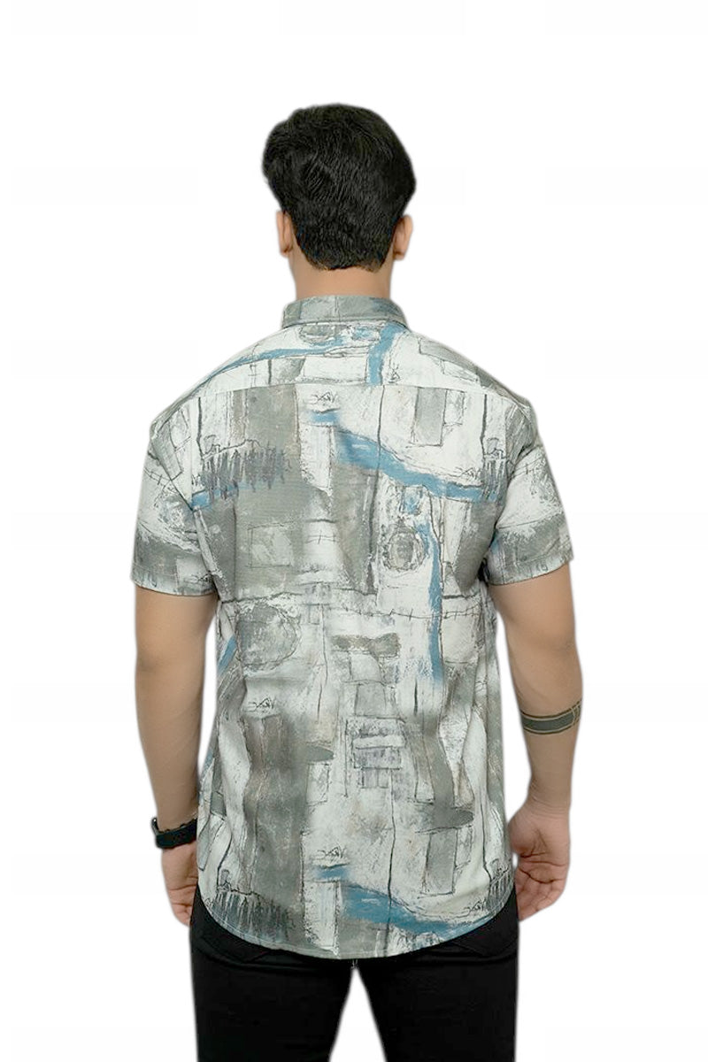 Shark Gray And White Patch- Printed Half Sleeves Stretchable Cotton Shirt